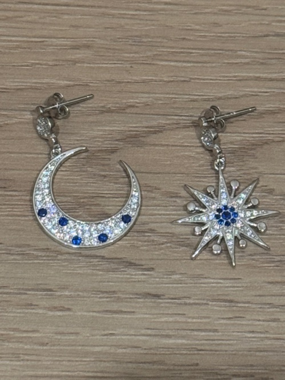 Celestial Moon & Star Silver Drop Earrings with Blue Accents